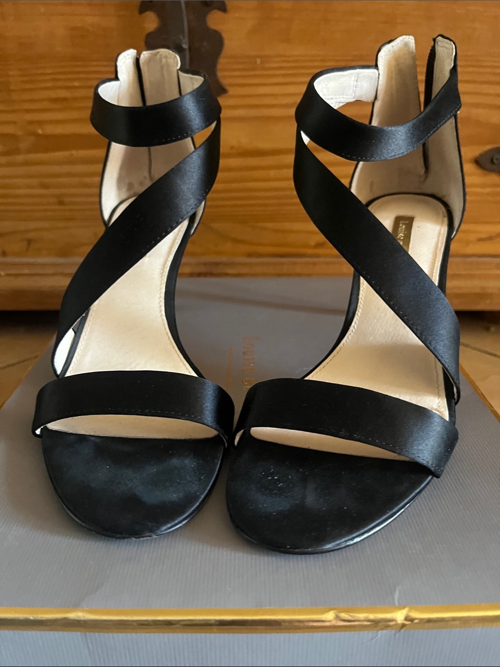Louise et Cie Black Satin Crisscross Ankle Strap Heels